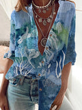 Tie Dye Sea Turtle Art Cotton Linen Flowy Shirt elevenforest