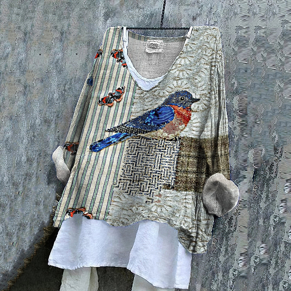 Women's Vintage Striped Butterfly And Bird Art Embroidery Cotton And Linen Shirt elevenforest