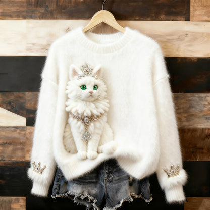 Cute Fluffy Cat Pattern Thick Pullover Sweater elevenforest