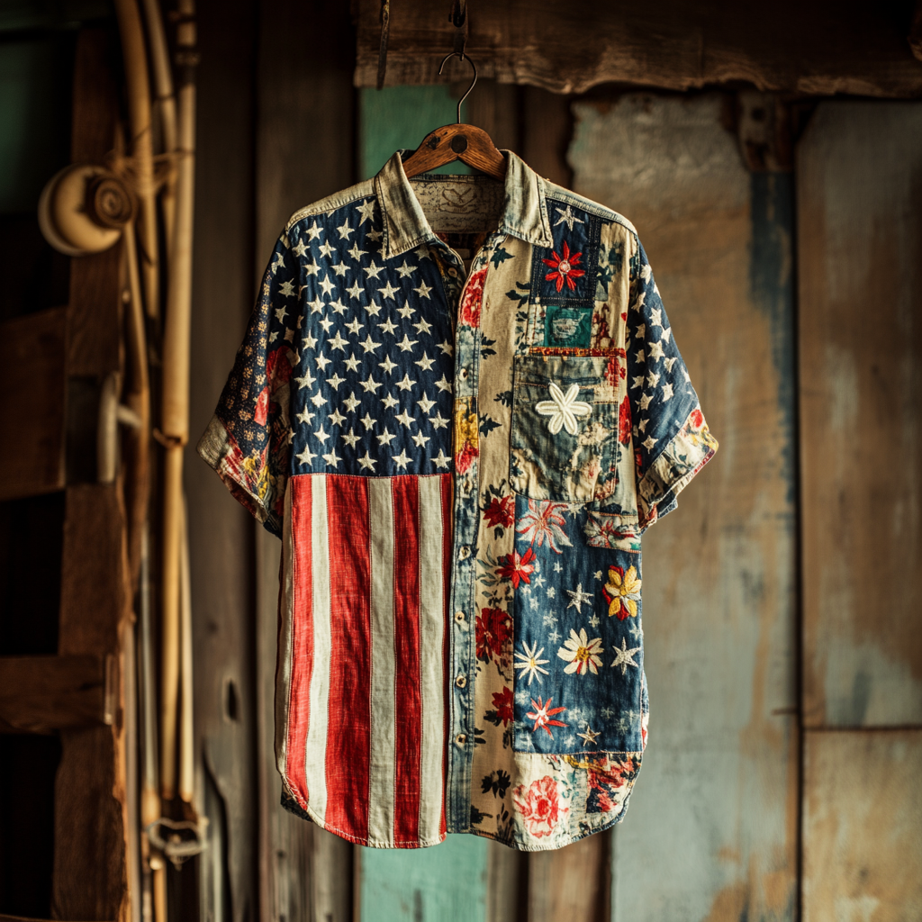 Men's Retro American Flag Independence Day Contrast Patchwork Pattern Linen Shirt elevenforest