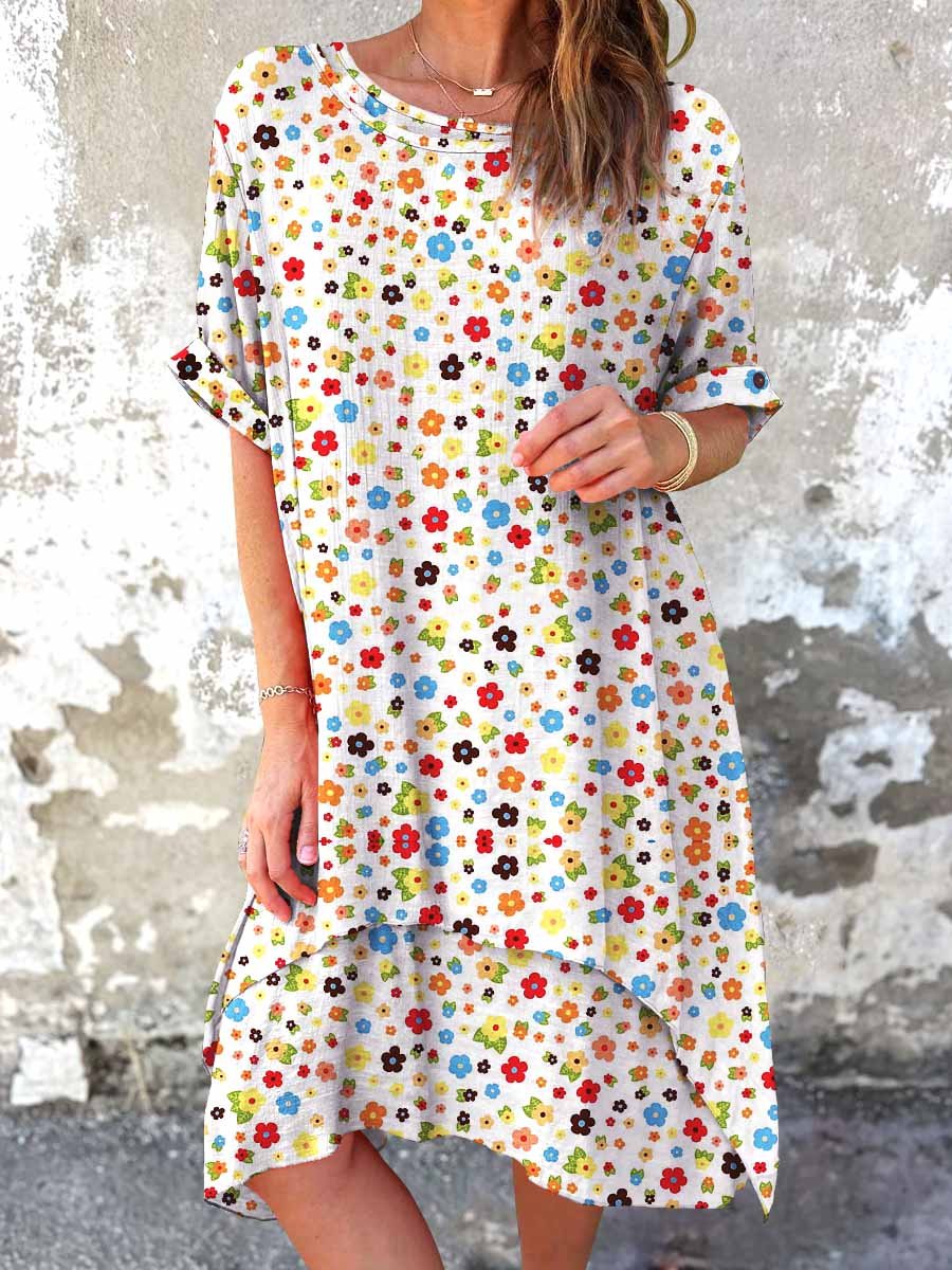Women's Classic Floral Pattern Round Neck Cotton and Linen Dress
