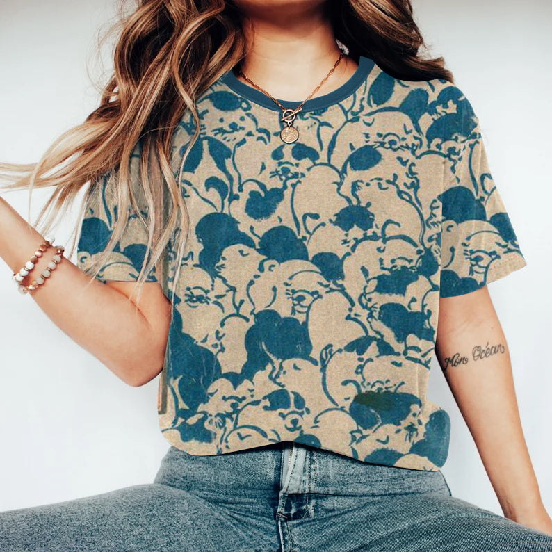 Women Japanese Art Dogs Printed Round Neck T-Shirt elevenforest